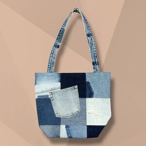 Handmade Bag Patchwork Denim Tote Bag Shoulder Bag Upcycled Blue Jeans